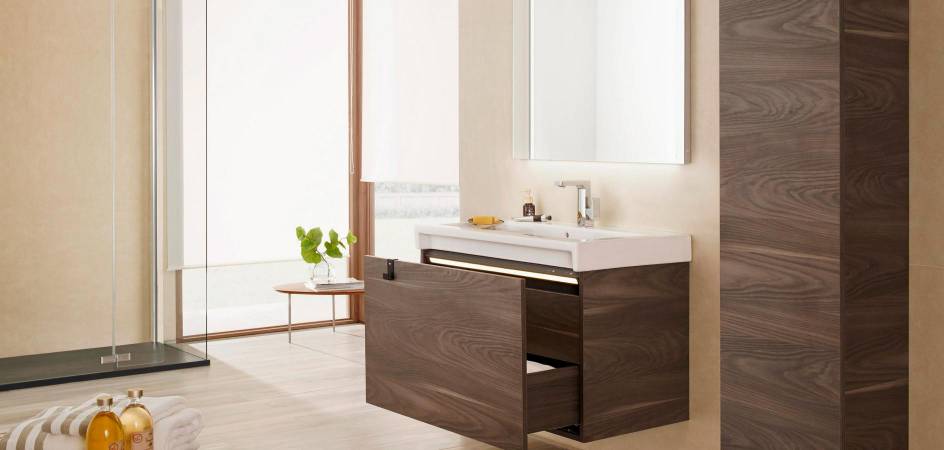 Wooden vanity units and countertops for a Nordic-style bathroom